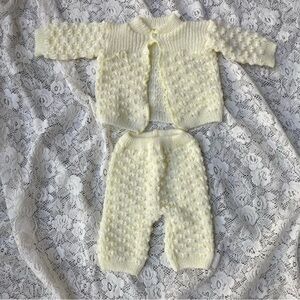 Vintage children’s kids pale pastel yellow boucle knit hob Bob cardigan pant set